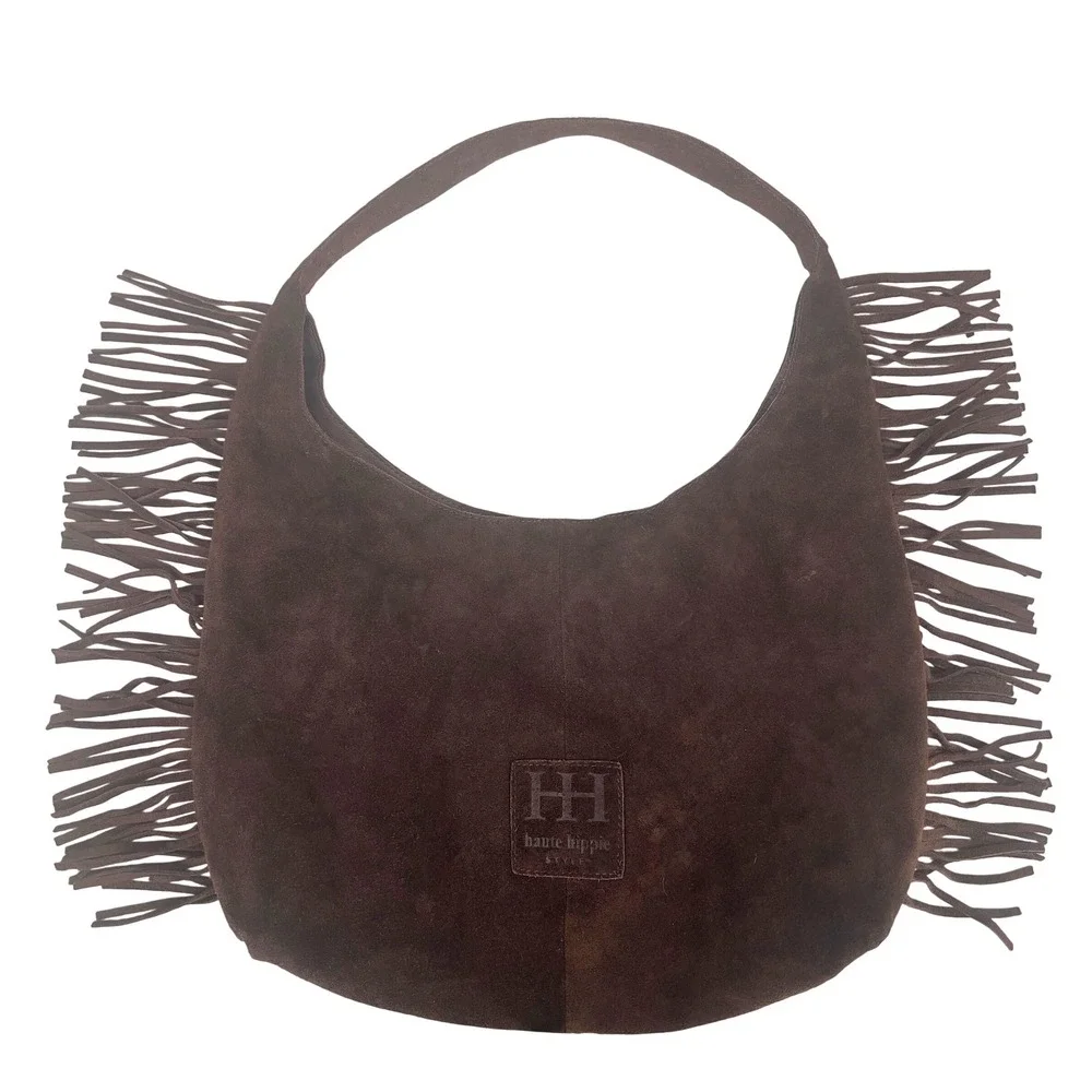Haute Hippie Suede Fringe Hobo Shoulder Bag Brown Slouchy Boho Western Cowgirl